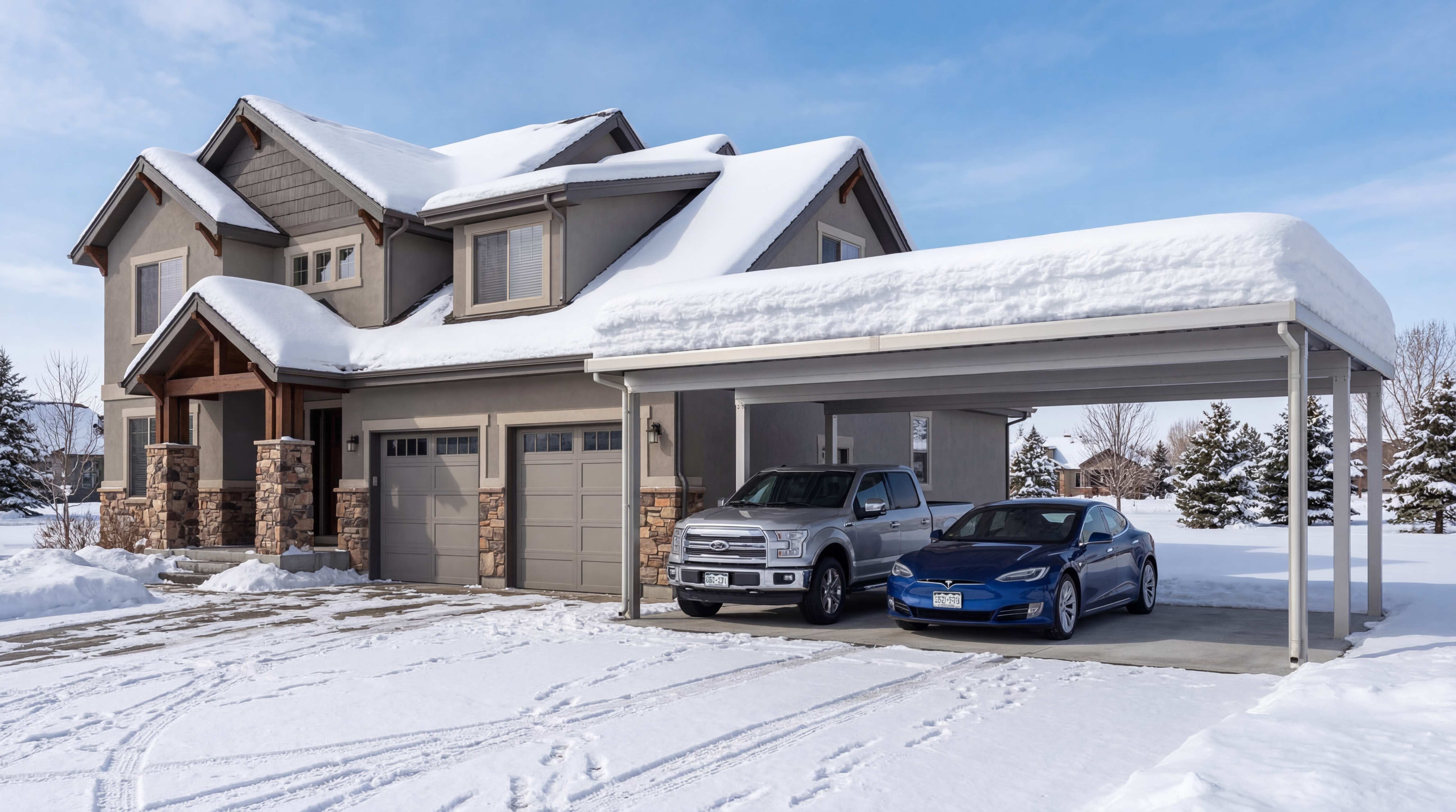 ZenShade SCN carport in snow—Japanese aluminum engineered for Colorado winters